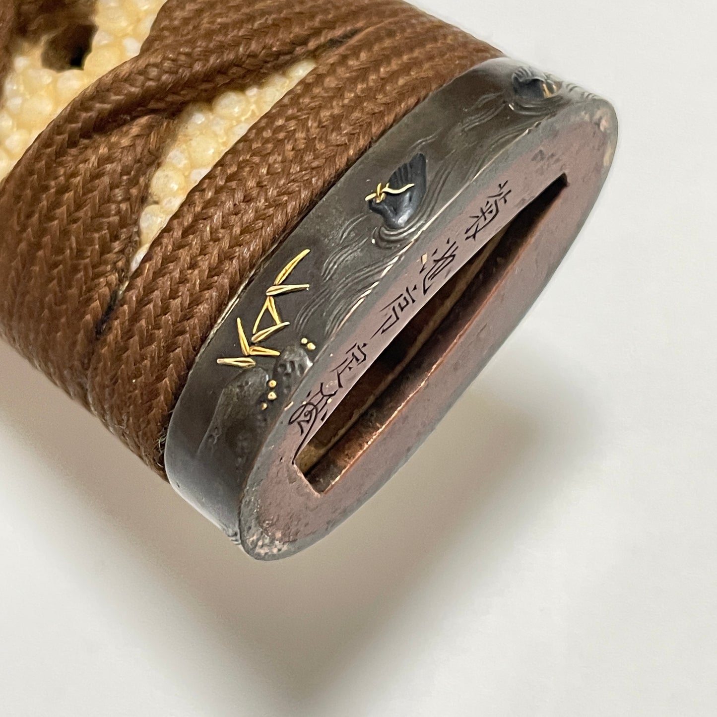 Ccormorant Fishing 鵜飼 Fittings Wakizashi, Kikuchi Tsunesada 菊池序定 signed Fuchi