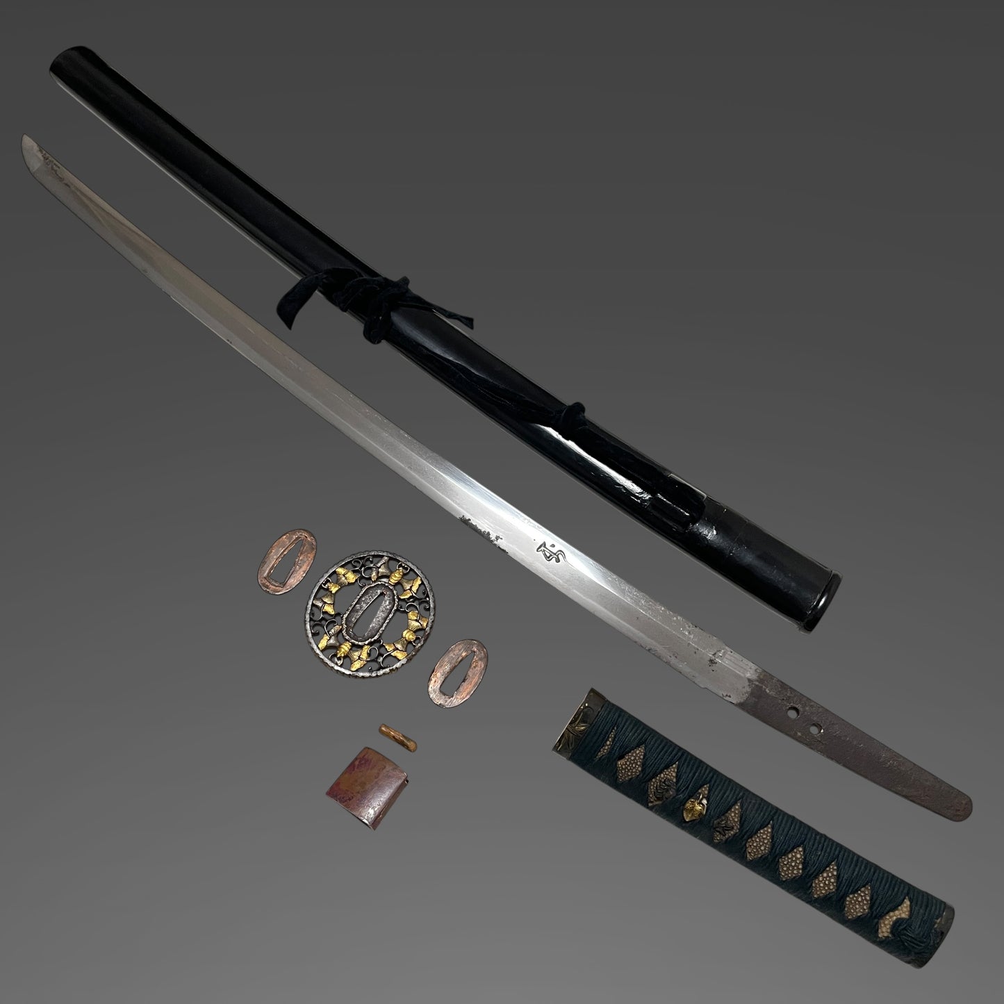 Bonji 梵字 Long Wakizashi, Moth Tsuba, Crab Menuki, Edo period mumei