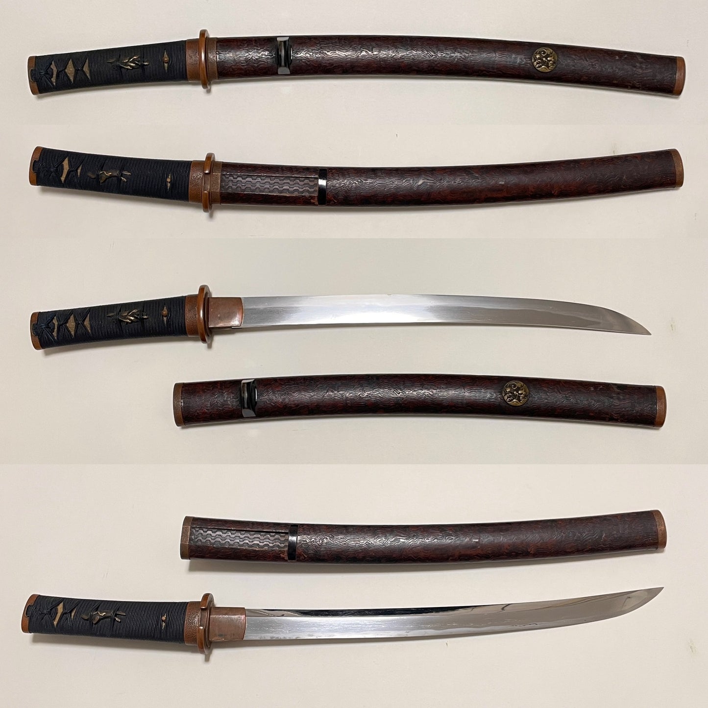 KATAHIRAZUKURI 片平造 Sunnobi-TANTO 寸延短刀, Masamehada 柾目肌, Copper Fittings