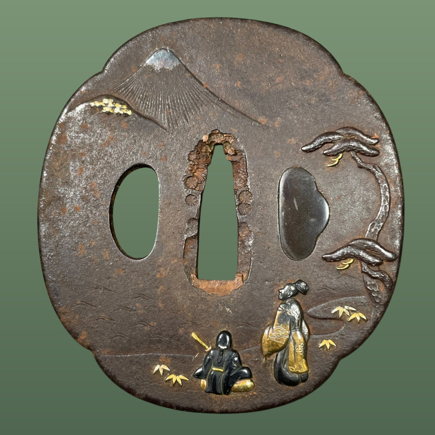富士松鍔 (Fuji ni Matsu TSUBA), Mt.Fuji and pine trees, Iron back, Edo period