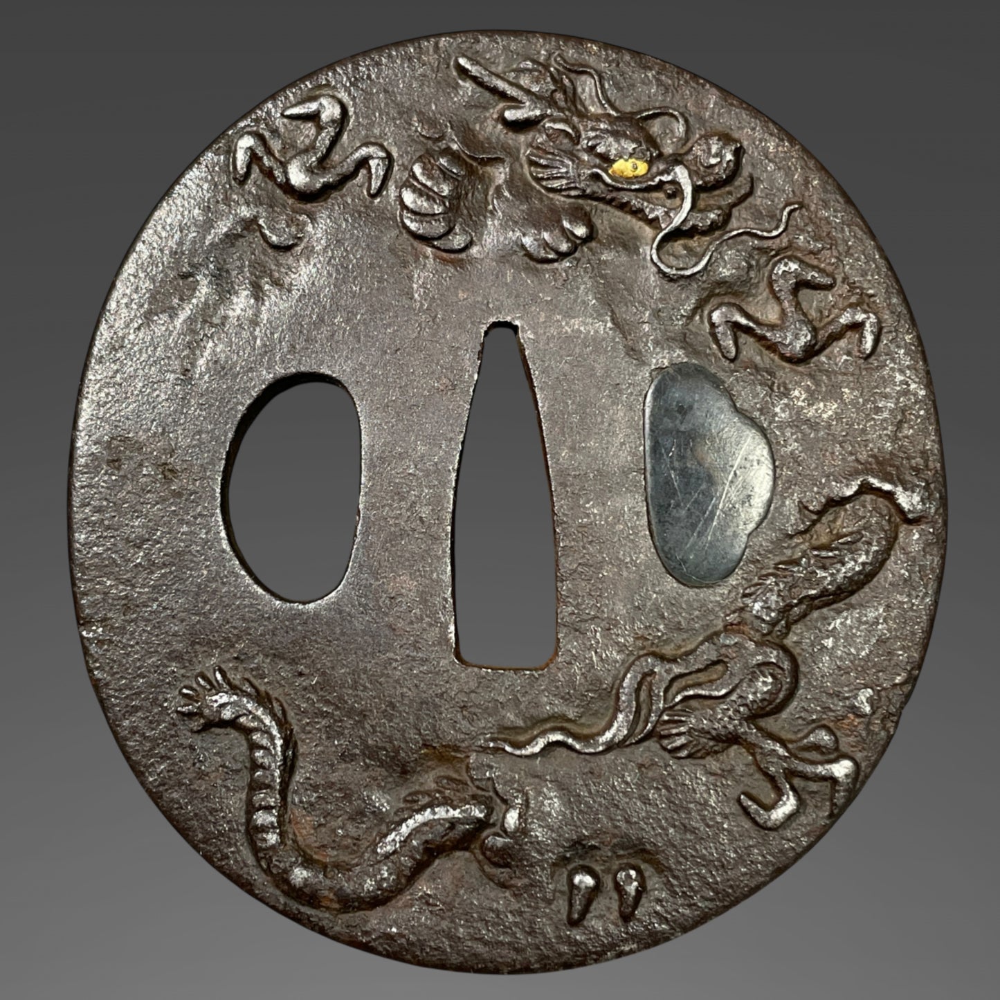 Dragon Tsuba 鏡影軒元利 signed, Iron back, Edo period