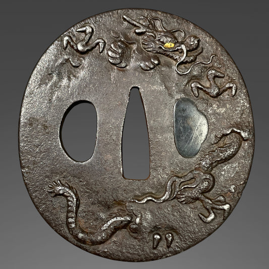 Dragon Tsuba 鏡影軒元利 signed, Iron back, Edo period