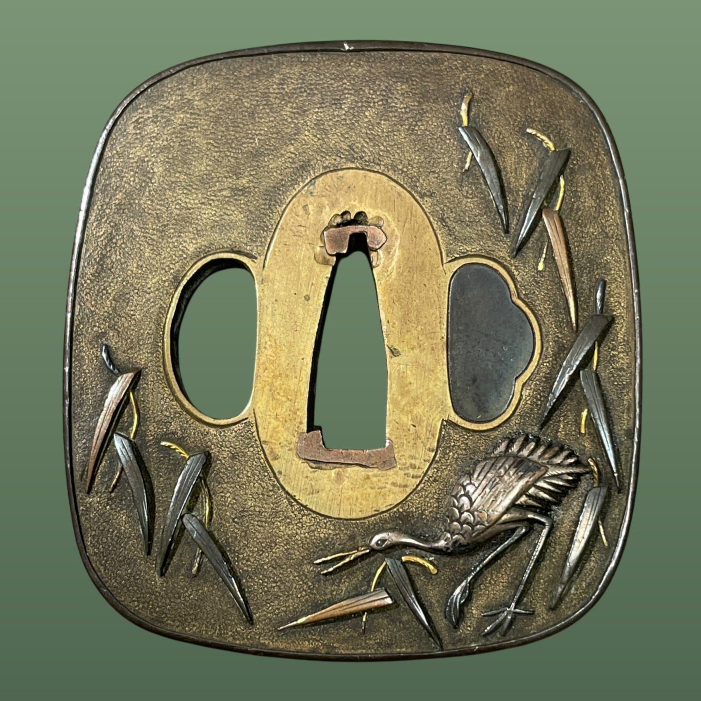 鷺図庄内金工鍔 (Sagi Shonaikinko), Heron Tsuba, Brass Back, Late Edo period