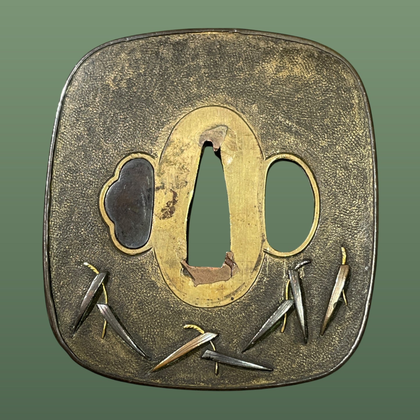 鷺図庄内金工鍔 (Sagi Shonaikinko), Heron Tsuba, Brass Back, Late Edo period
