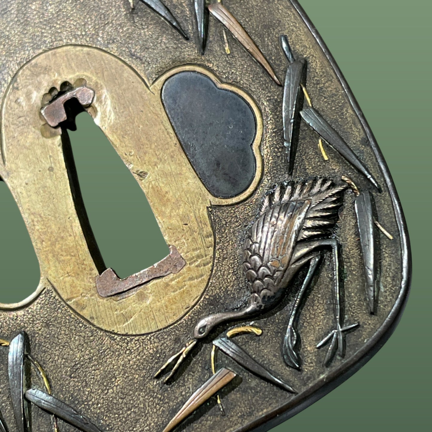 鷺図庄内金工鍔 (Sagi Shonaikinko), Heron Tsuba, Brass Back, Late Edo period