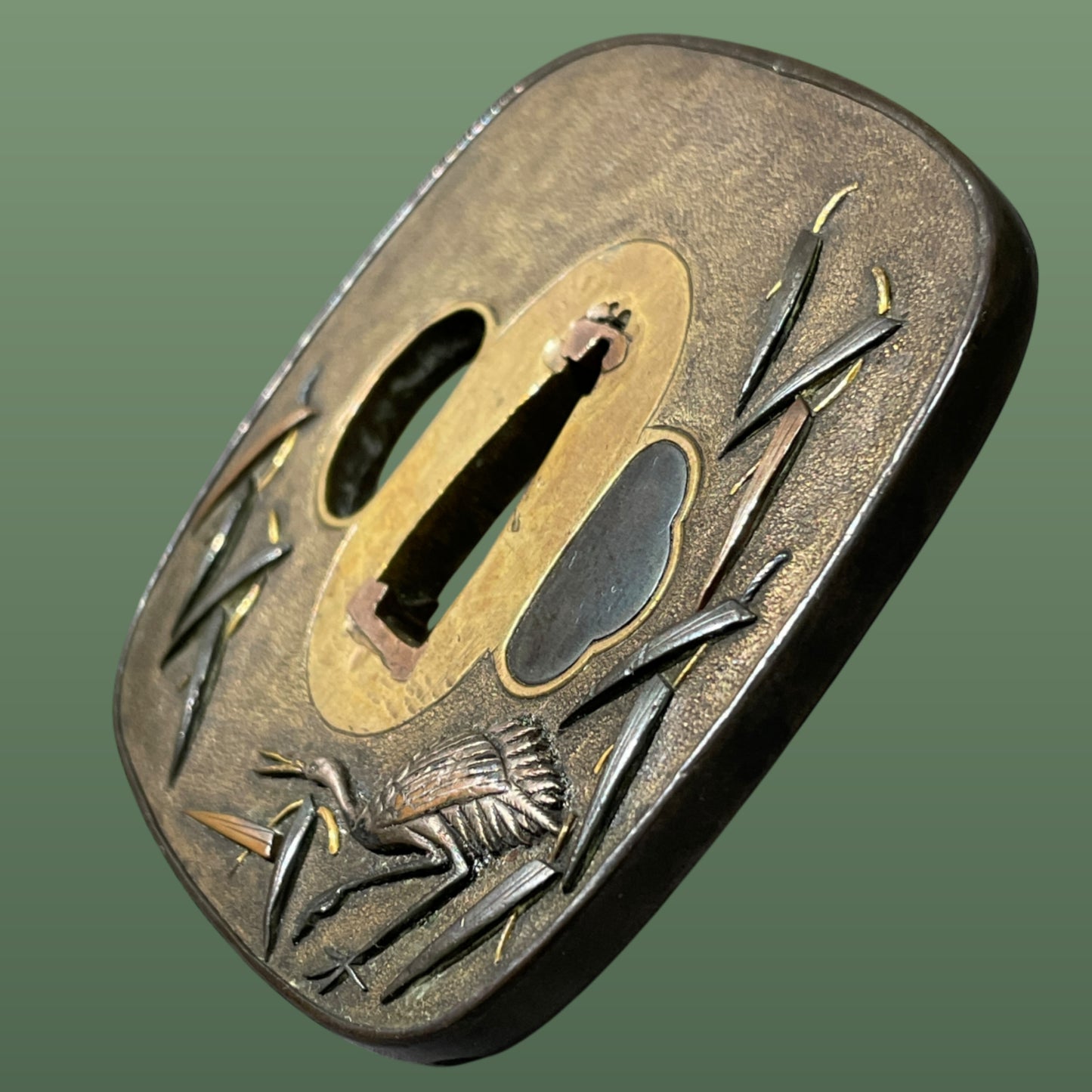 鷺図庄内金工鍔 (Sagi Shonaikinko), Heron Tsuba, Brass Back, Late Edo period