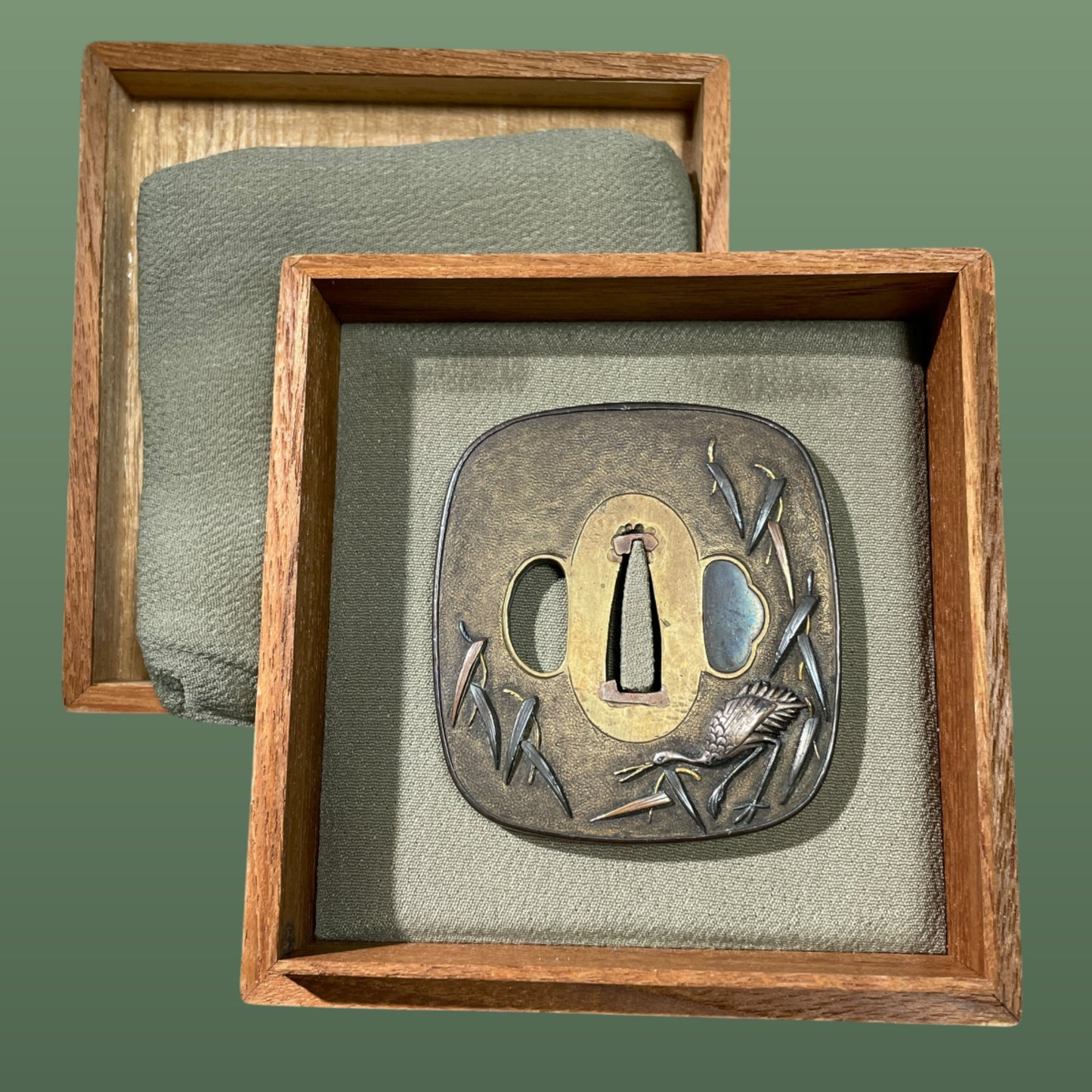 鷺図庄内金工鍔 (Sagi Shonaikinko), Heron Tsuba, Brass Back, Late Edo period