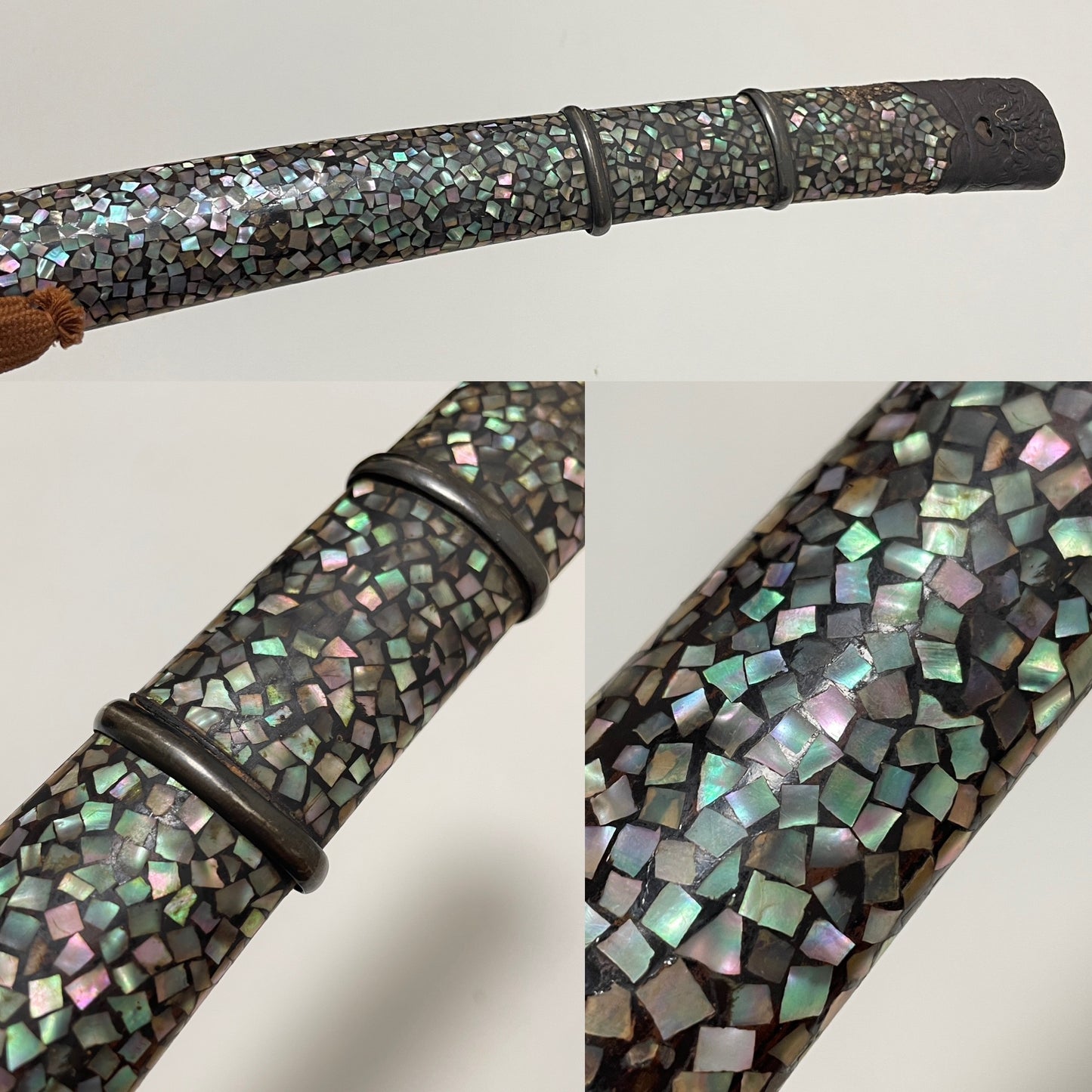 Raden Wakizashi Koshirae 螺鈿脇差拵, Dragon Kojiri, Shell Fuchikashira, Edo period