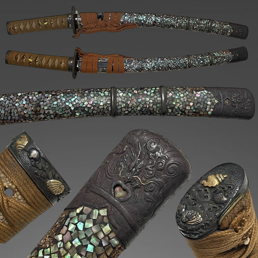 Raden Wakizashi Koshirae 螺鈿脇差拵, Dragon Kojiri, Shell Fuchikashira, Edo period