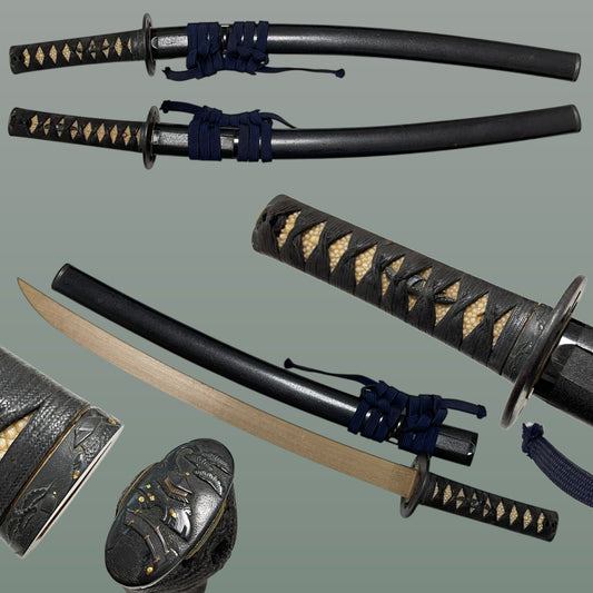 Antique Wakizashi Koshirae, Shakudo Fuchikashira, 650mm (25.59 in.)