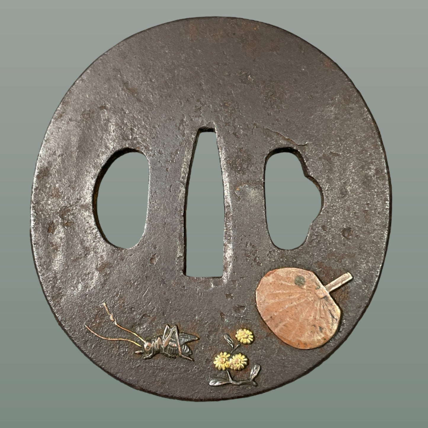 Uchiwa and Bell cricket TSUBA, Edo period, Iron back, with BOX