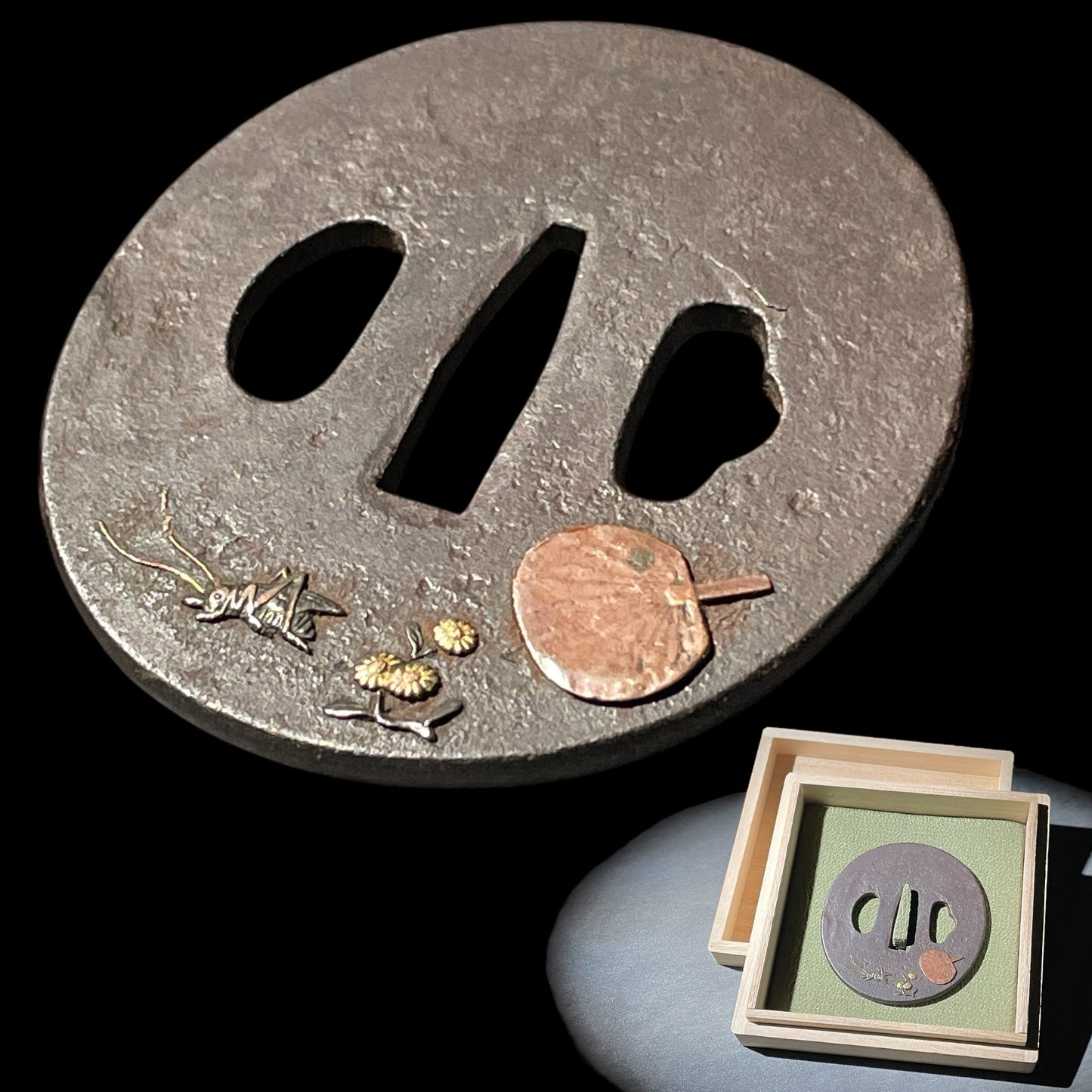 Uchiwa and Bell cricket TSUBA, Edo period, Iron back, with BOX