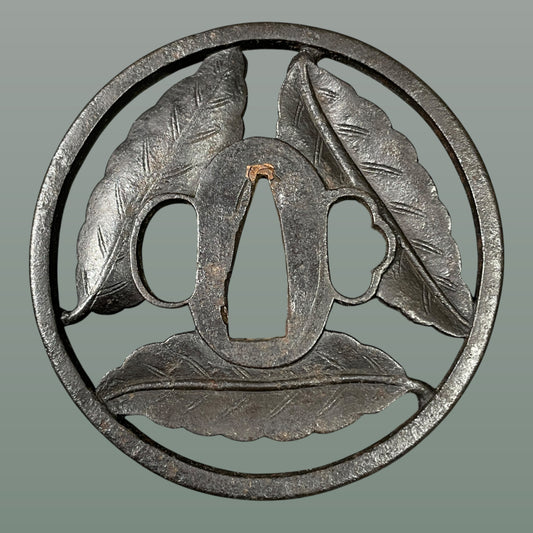 Three Leaves Sukashi TSUBA, Iron back, Edo period, with BOX