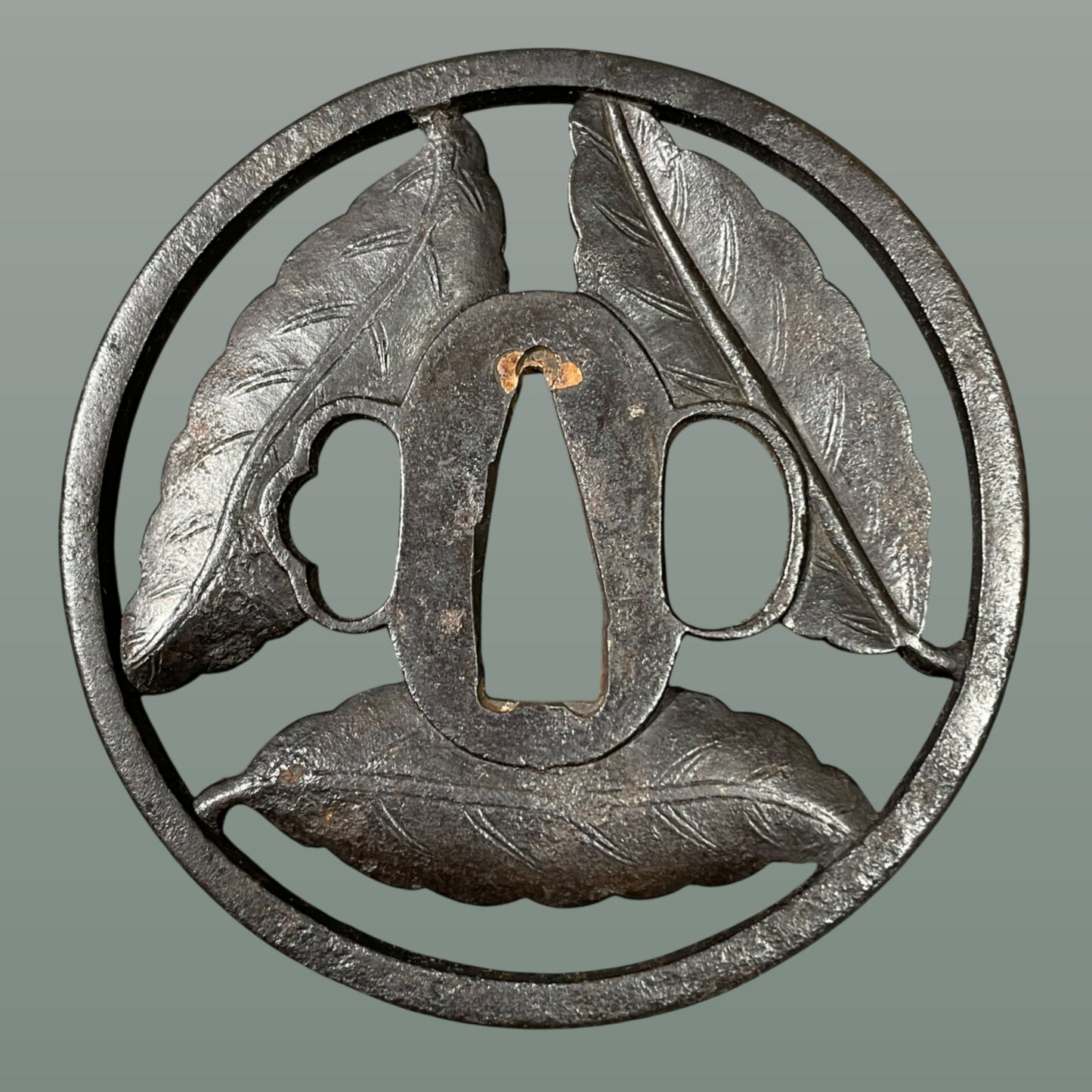 Three Leaves Sukashi TSUBA, Iron back, Edo period, with BOX
