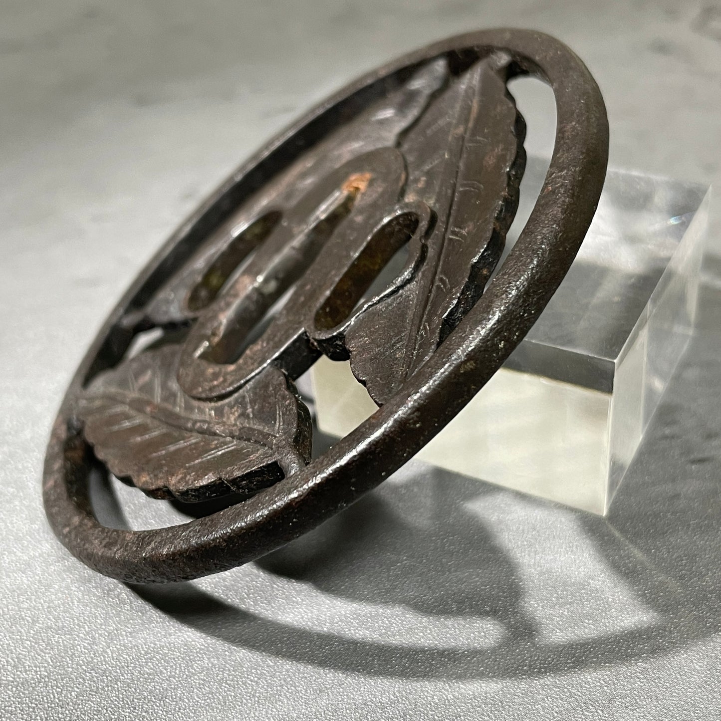Three Leaves Sukashi TSUBA, Iron back, Edo period, with BOX