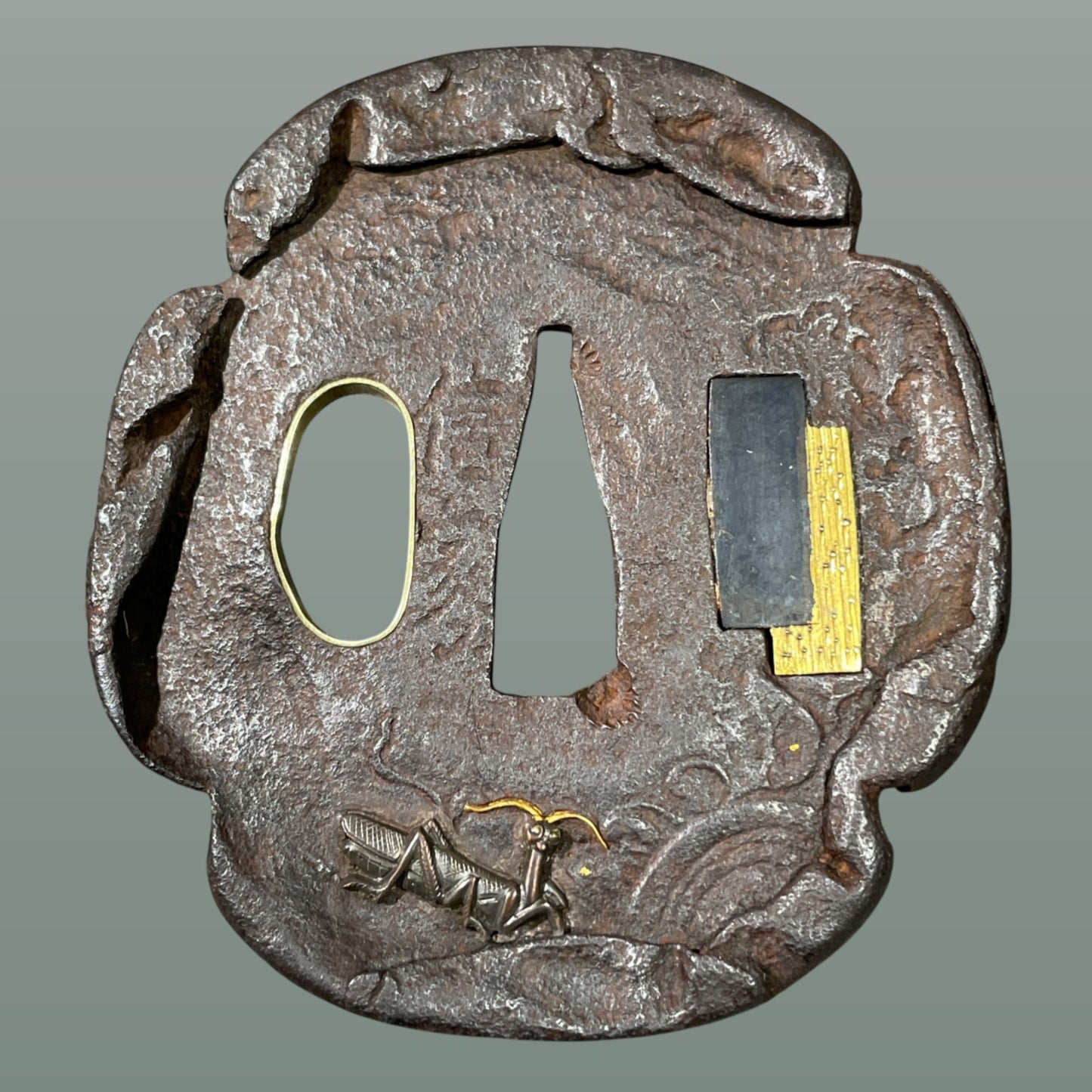 Mantis and Snail TSUBA, Nobuie 信家 signed, Edo period, Iron back, with BOX