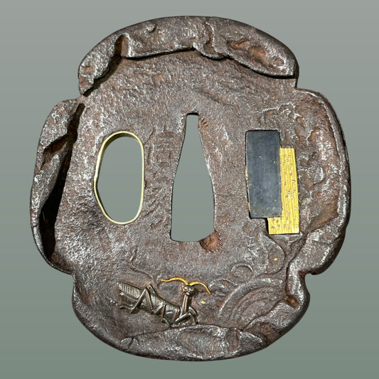 Mantis and Snail TSUBA, Nobuie 信家 signed, Edo period, Iron back, with BOX