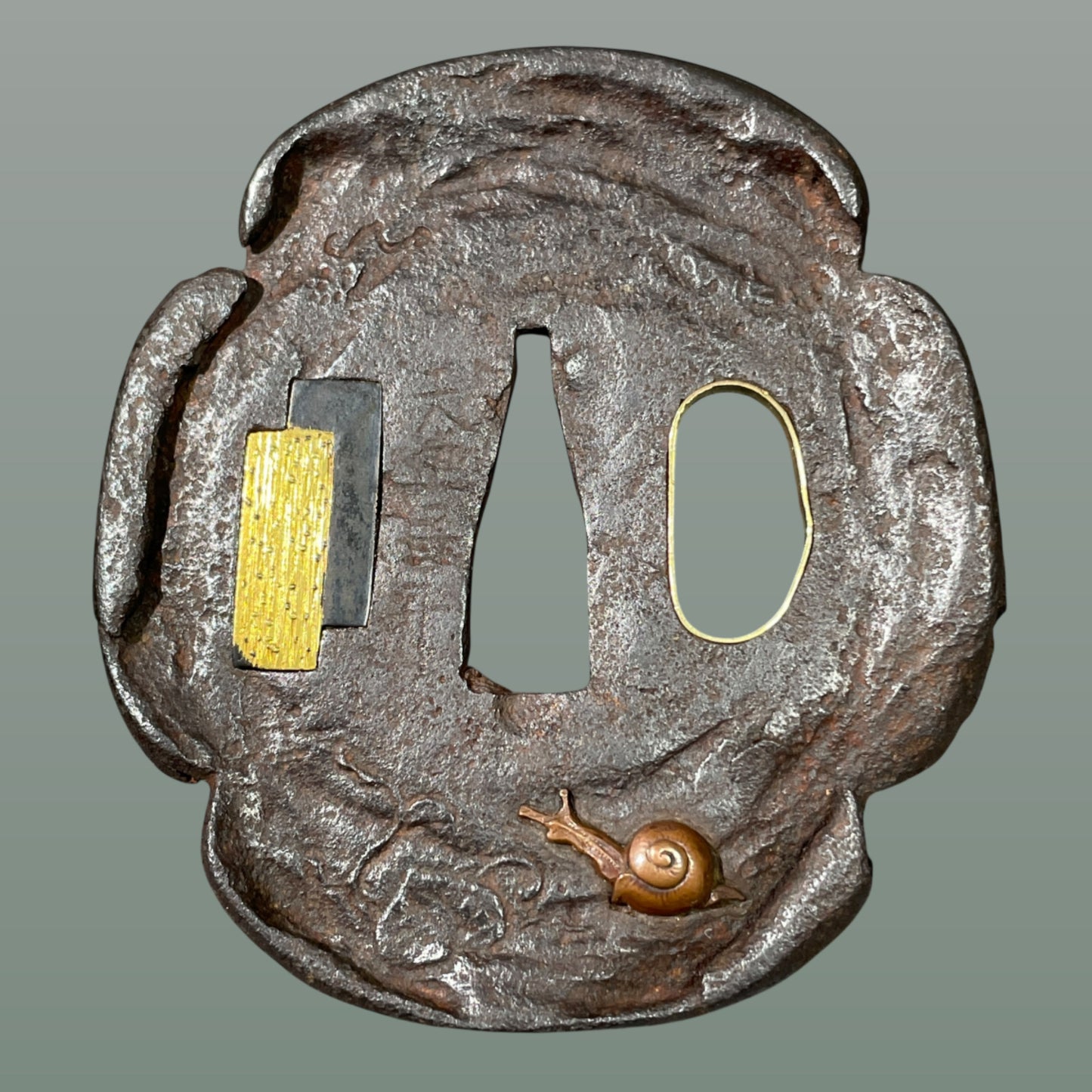 Mantis and Snail TSUBA, Nobuie 信家 signed, Edo period, Iron back, with BOX