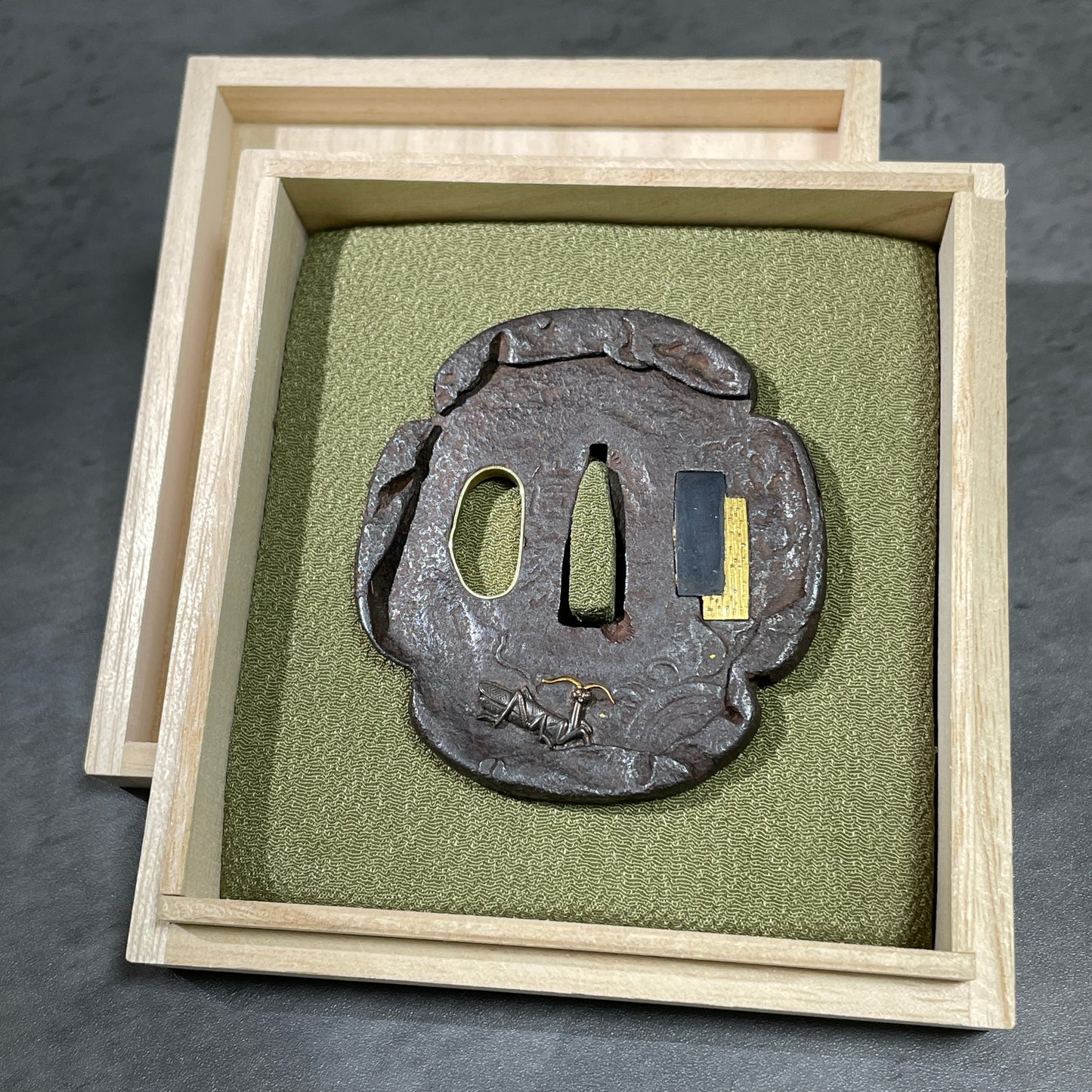 Mantis and Snail TSUBA, Nobuie 信家 signed, Edo period, Iron back, with BOX