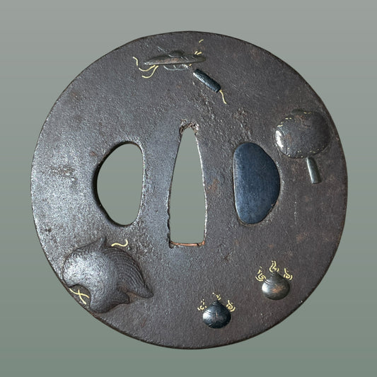 Takarazukushi 宝尽くし TSUBA, Iron back, Edo period, with BOX
