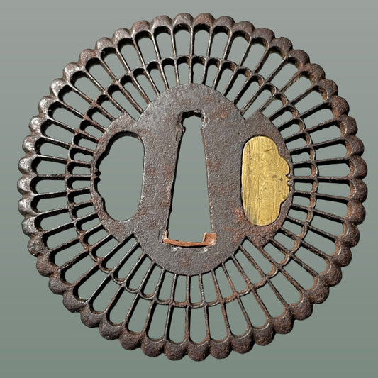 Kikka Sukashi(菊花透), Chrysanthemum TSUBA, Iron back, Edo period, with BOX
