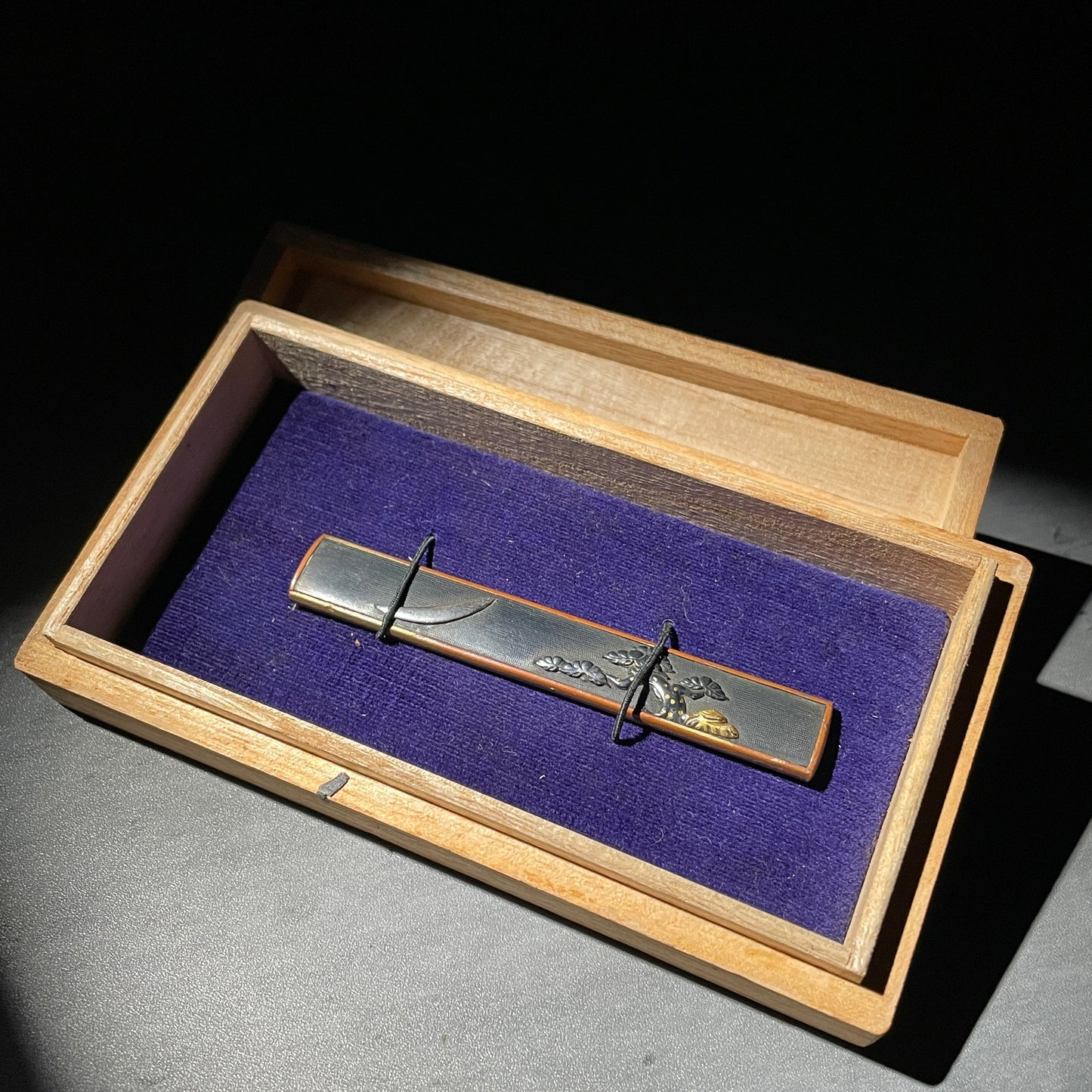 Crescent moon and Pine Kozuka 三日月松図小柄, Shakudo back, Edo period