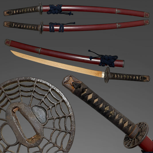 Red Handachi Koshirae for KATANA, Spider's Web TSUBA, 朱半太刀拵 蜘蛛巣透鍔, Edo period