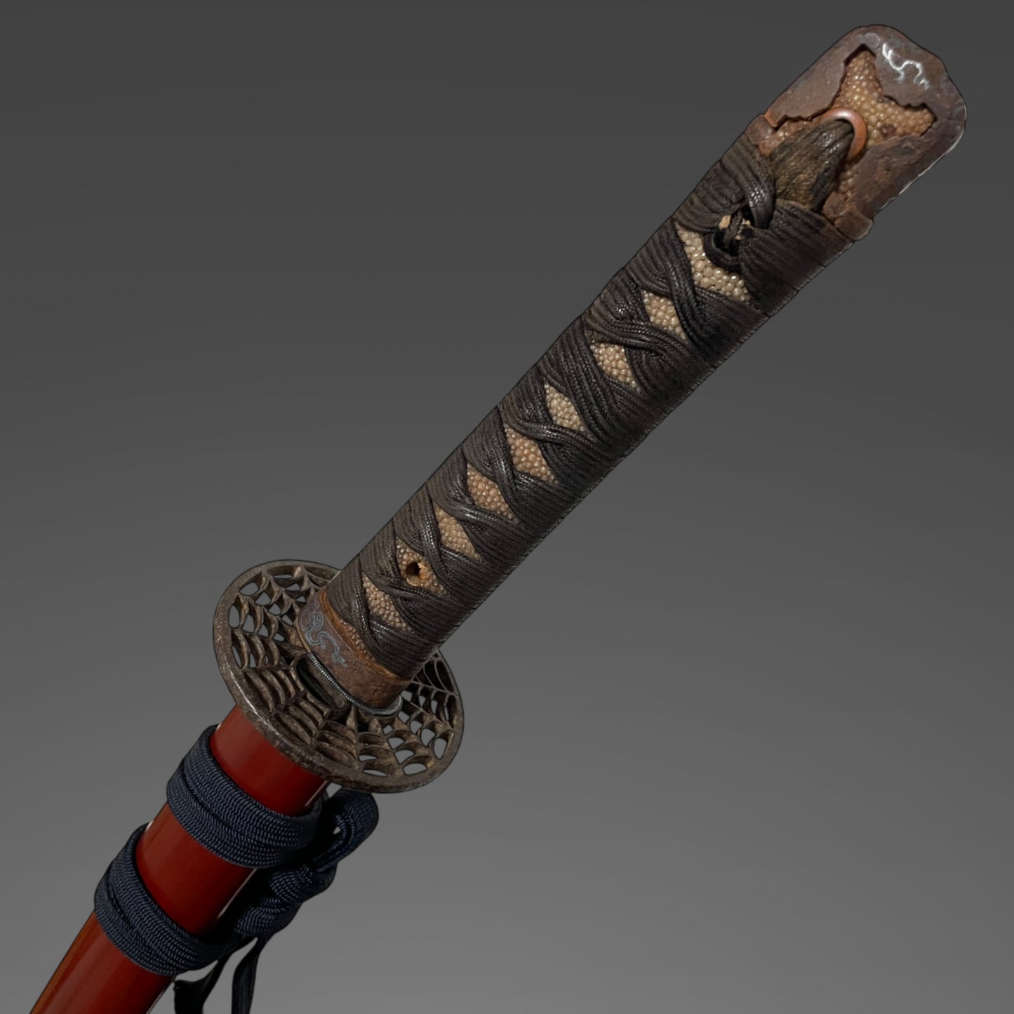 Red Handachi Koshirae for KATANA, Spider's Web TSUBA, 朱半太刀拵 蜘蛛巣透鍔, Edo period