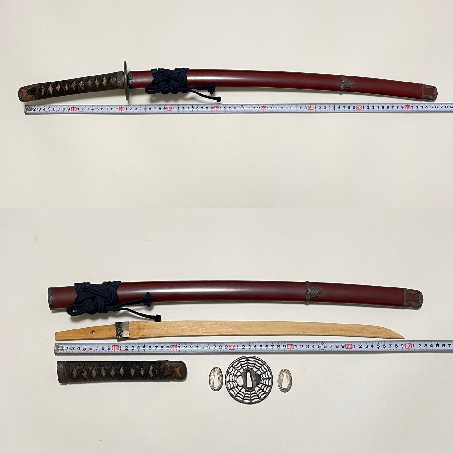 Red Handachi Koshirae for KATANA, Spider's Web TSUBA, 朱半太刀拵 蜘蛛巣透鍔, Edo period