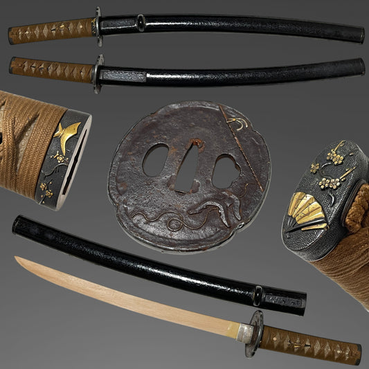 Antique Koshirae for Wakizashi, Bagu Tsuba, Plum Fuchikashira, Edo period