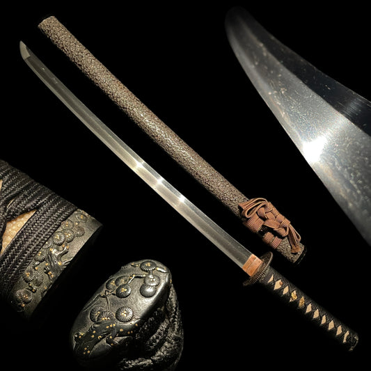 Long Wakizashi, Shakudo Pine Tree Fuchikashira 赤銅松樹図縁頭, Edo period mumei