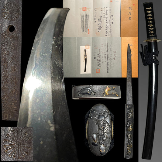 Honoto 奉納刀, Ominokami Hisamichi 1748s signed Wakizashi, Horse Fittings