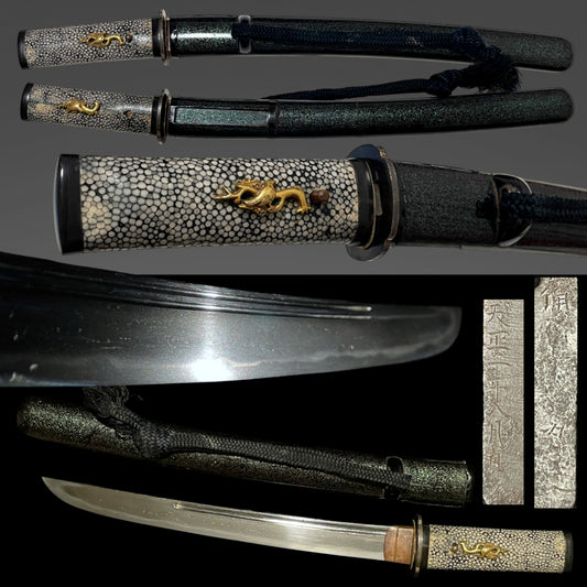 Aogaimijin-Saya 青貝微塵鞘 TANTO, Bishuosafune Sukesada August 1574 備州長船祐定 天正二年八月日 signed