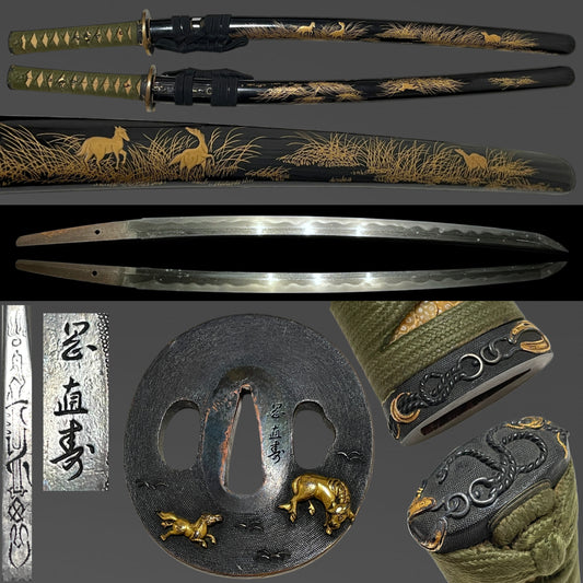 Horse Fittings Makie Scabbard Long Wakizashi, Signed Tsuba, with Kozuka and Shirasaya