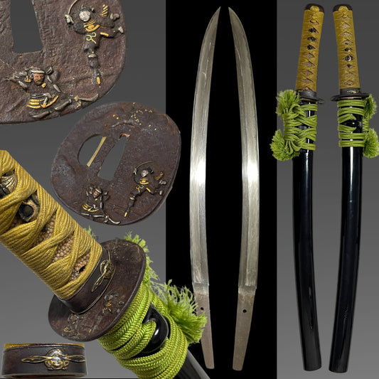 Naginata Naoshi Wakizashi, Samurai Tsuba, Miminaga Usagi 耳長兎 Fuchi, Muromachi period mumei