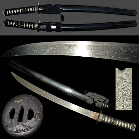 Wide Hirazukuri Wakizashi, Masahiro 正廣 signed, Hotei Tsuba 布袋鍔, Muromachi period mumei