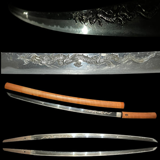 HORIMONO 彫物 KATANA, Tamaoiryu 玉追龍, Bicchukoku Mizutaju Kunishige signed