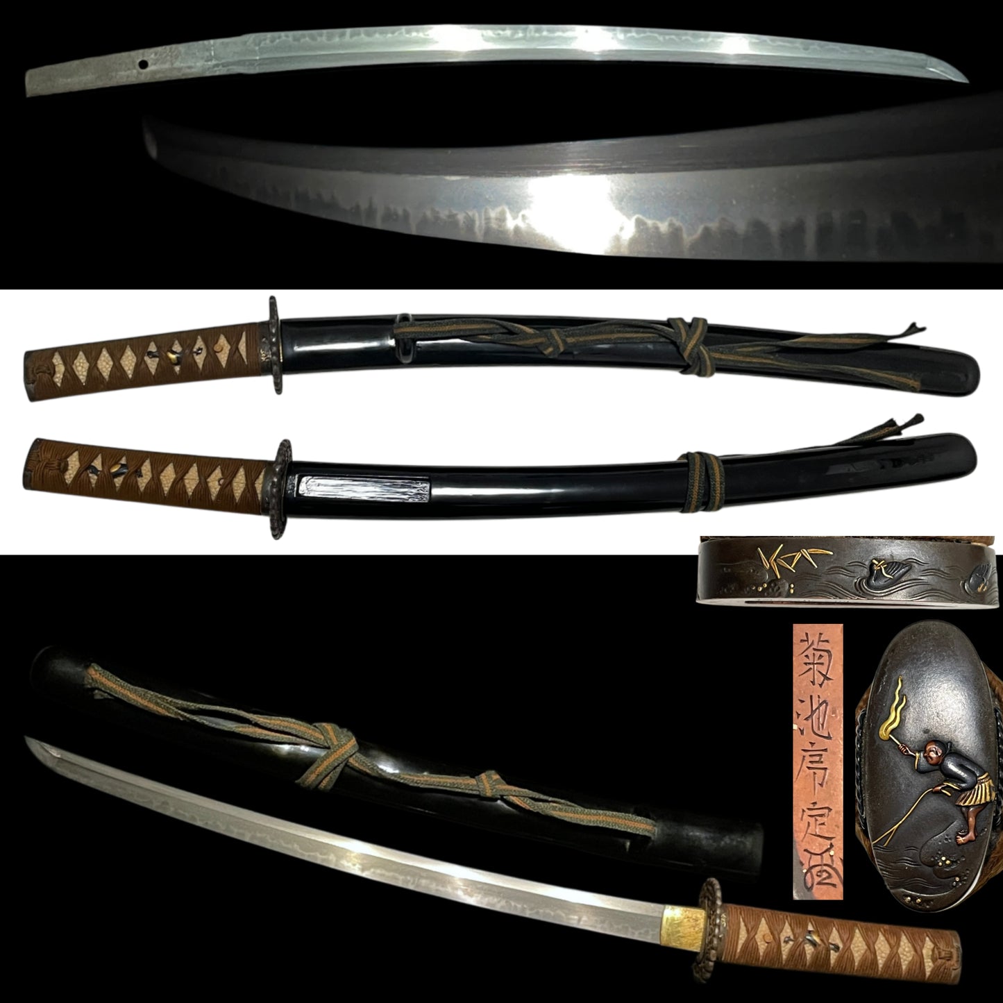 Ccormorant Fishing 鵜飼 Fittings Wakizashi, Kikuchi Tsunesada 菊池序定 signed Fuchi