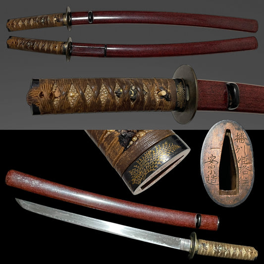 Red Wakizashi, Banshu Himejiju Yasumune 播州姫路住安宗造 signed Fuchi, Edo period