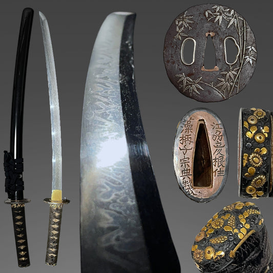 HITATSURA 皆焼 Yasuhiro signed Long WAKIZASHI, 江州彦根住藻柄子宗典 signed Fuchi