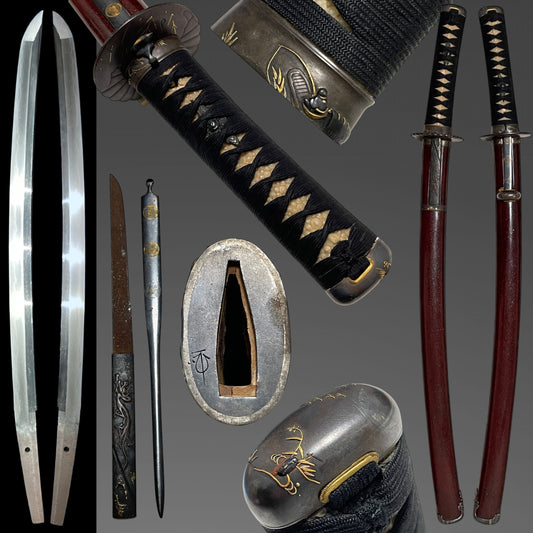 Red Wakizashi Shibuichi Fittings 四分一金具, Signed Fuchi, with Kozuka Kogai, Edo