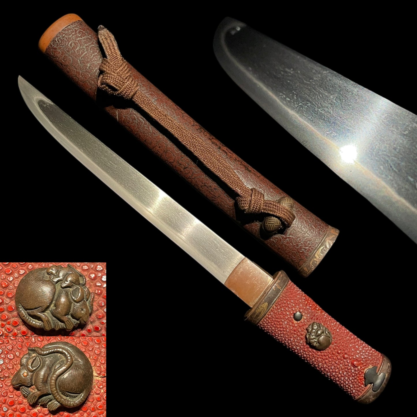 Red Tanto with Kozuka, Mouse Menuki, Masame-Hada 柾目肌 Edo period mumei
