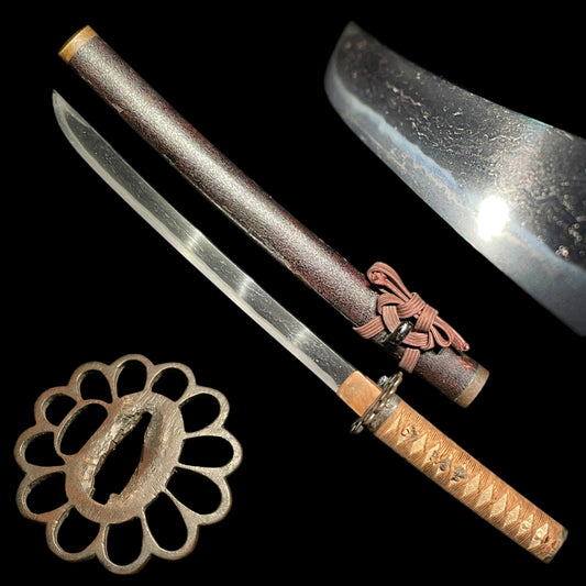 Hirazukuri Wakizashi, Yamagane Tsukashi Tsuba 山銅透鍔, Edo period mumei