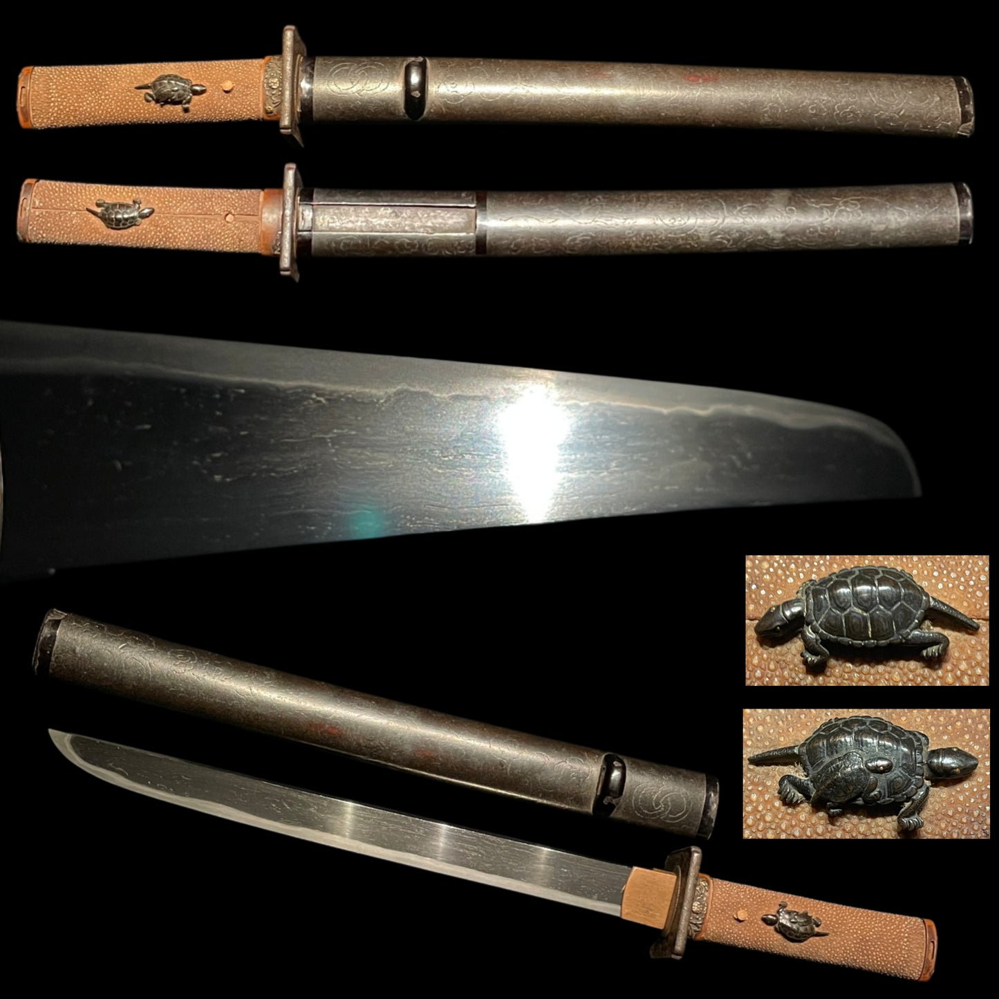 Turtle Menuki Yoroidoshi Tanto, Masamehada 柾目肌 Thick Blade, Edo period mumei