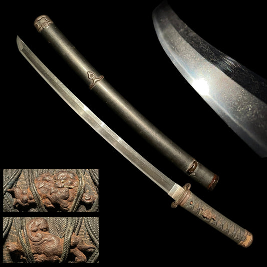 Handachi Koshirae 半太刀拵鉄一作金具 WAKIZASHI, Iron Large Menuki, Munehisa 宗久 signed
