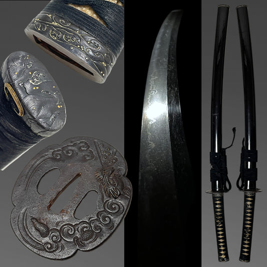 Dragon Tsuba and Menuki, Long Wakizashi, Wave Fuchikashira, Edo period mumei