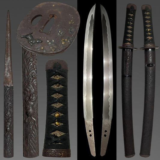 Sunnnobi-TANTO 寸延短刀, Puppy Tsuba and Tiger Kozuka, Late Edo period mumei