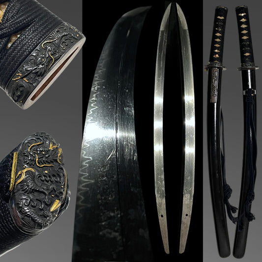 Ookissaki 大切先 Wakizashi, Dragon Fuchikashira, 因州住壽正 signed Kozuka, Edo period mumei