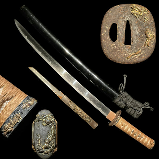 Long Hirazukuri Wakizashi, Kanemoto 兼元 signed, Dragon Fittings with Shirasaya