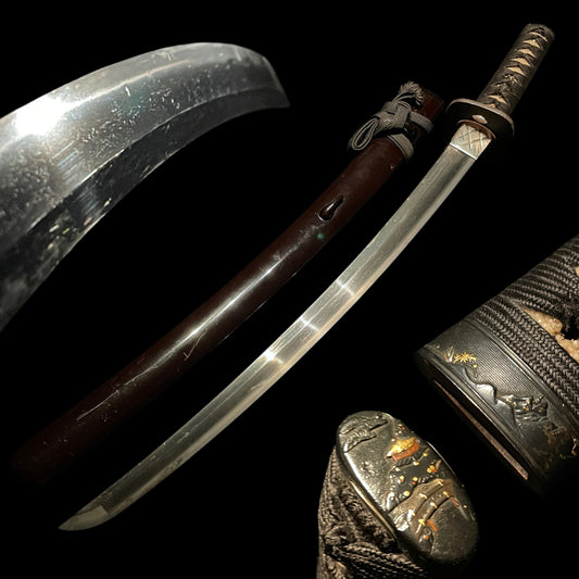 Landscape Fuchikashira 風景図縁頭, Oozori Wakizashi,  Signed Tsuba, Kashu Habaki